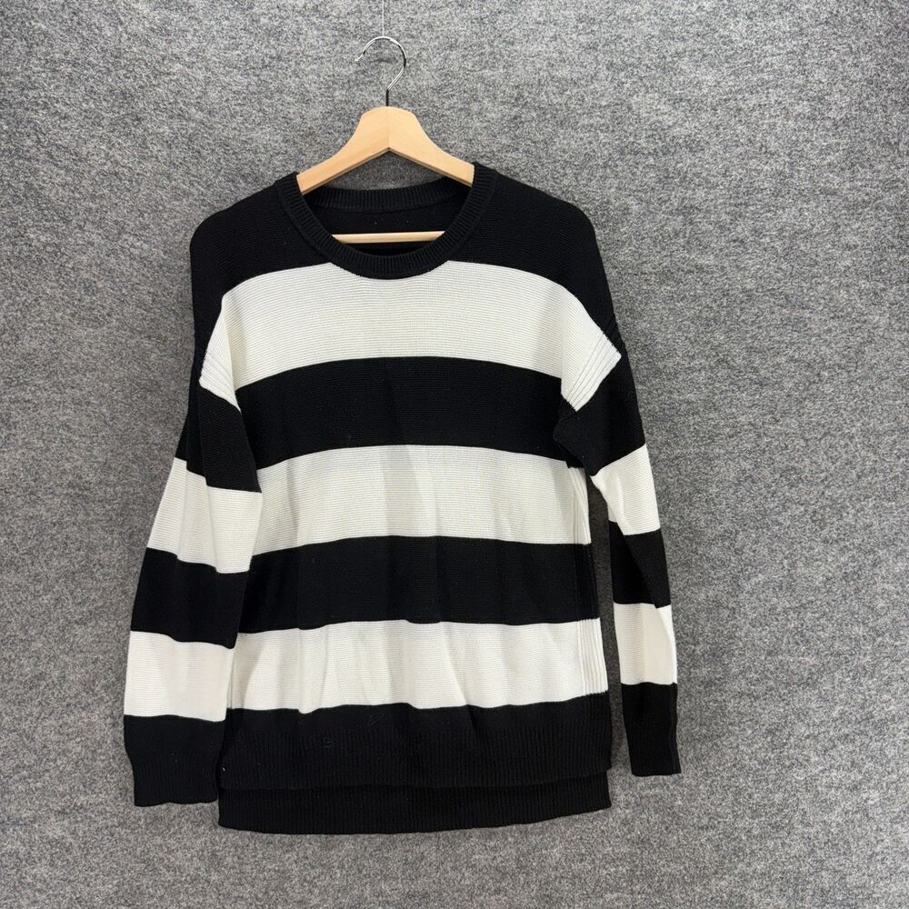 Unbranded Sweater Pullover Women M Medium Black Striped Knit Cotton Long Sleeve